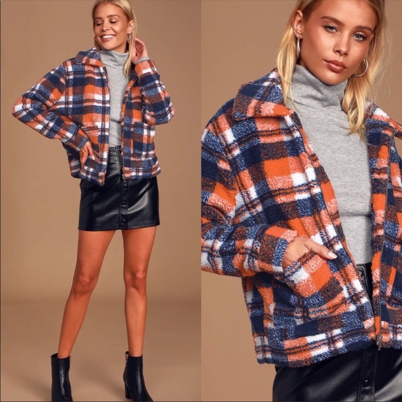 Lulus Jackets & Blazers - Lulus Infinite Possibilities Plaid Teddy Coat Jacket Graphic Sherpa Blue Orange